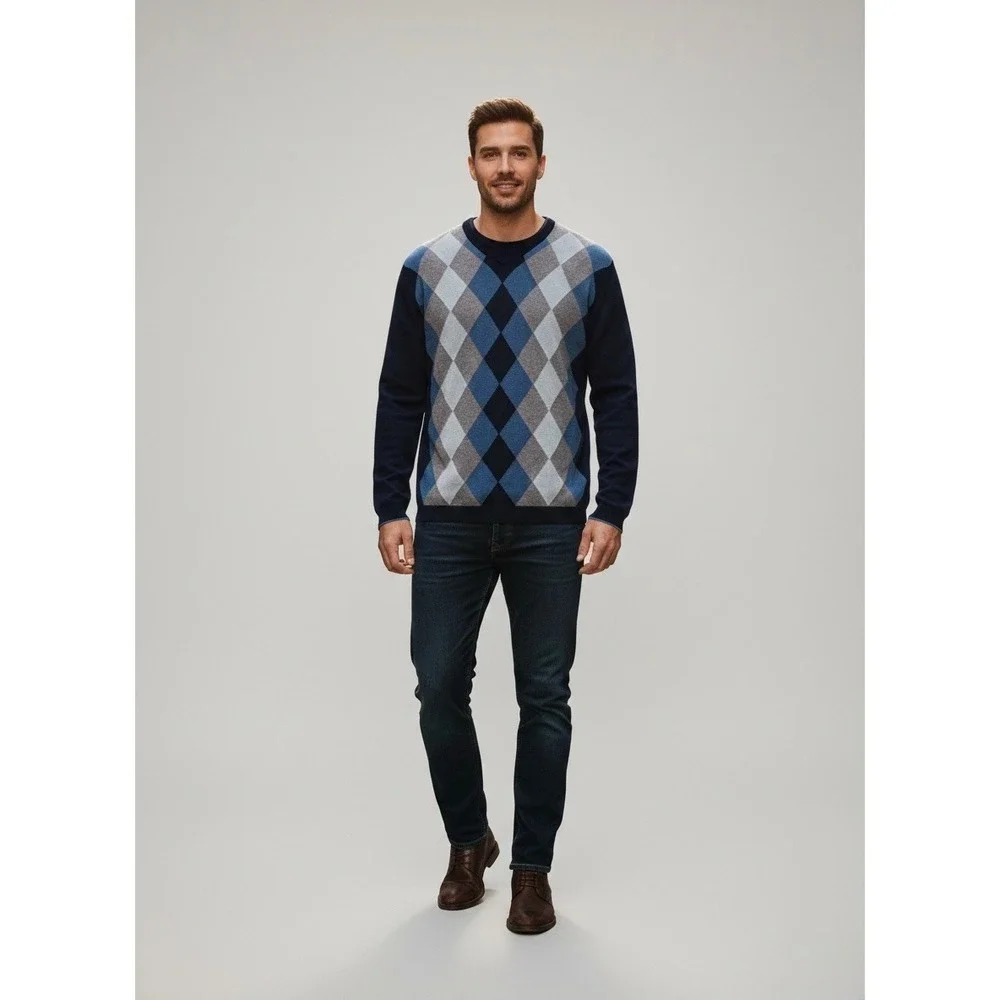 Banana Republic Mens Silk Cashmere Argyle V-Neck Sweater Blue Grey Large L